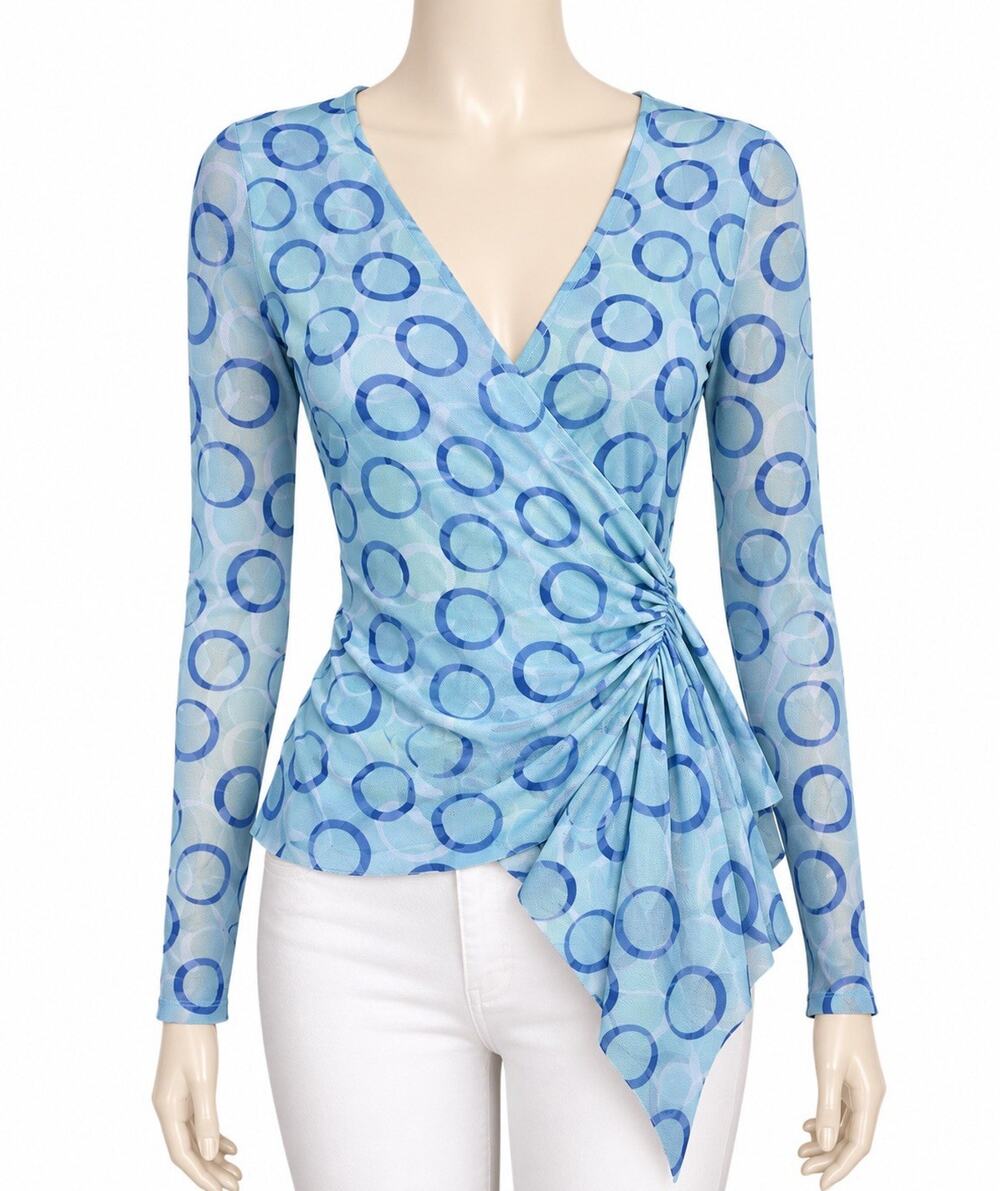 Sweet Pea Stacy Frati Mesh Asymmetrical Wrap Top Blue Circle Print Medium Y2K